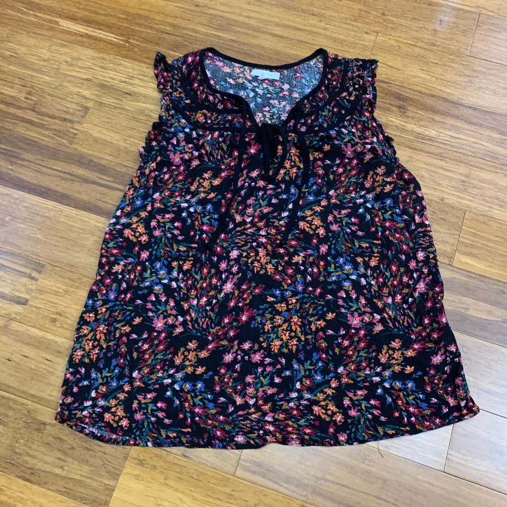 Maurices Black Floral Print Sleeveless Tie Neck Ruffle Sleeve Top Women's‎ Large